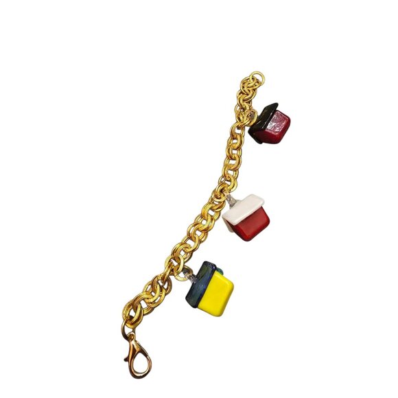 Vintage Unique Gold-Tone Glass Birdhouse Charm Bracelet (A8707) - Picture 3 of 4